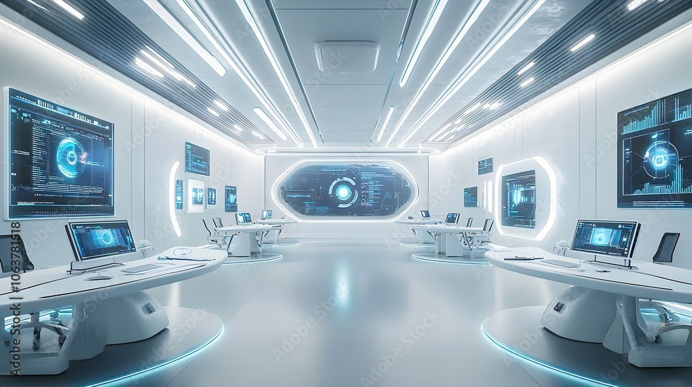 Futuristic AI-Driven Workspace with Voice-Activated Features and Modern Interiors Futuristic AI-Driven Workspace with Voice-Activated Features and Modern Interiors