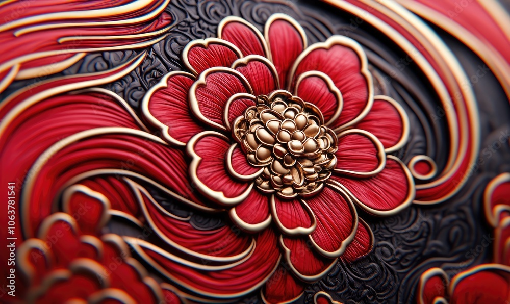Intricate floral design, featuring vibrant red flowers and luxurious gold accents on a dark background.
