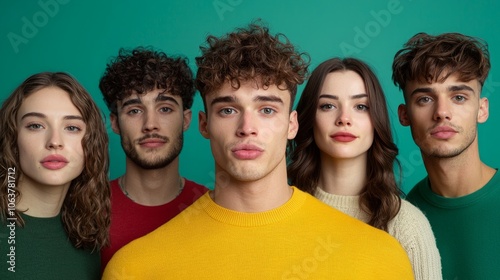 A group of young friends, including two women and three men, pose together in front of a turquoise background. They are all wearing casual sweaters and looking directly at the camera.