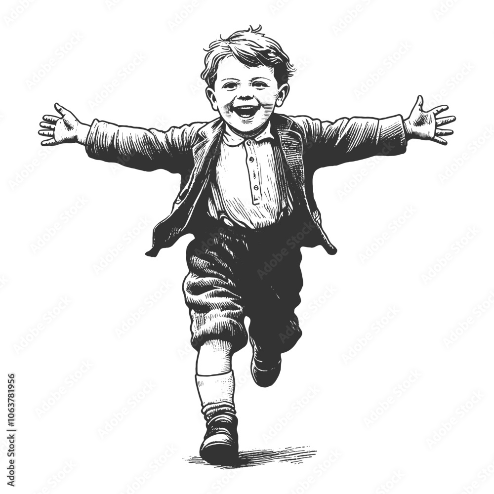 Obraz premium joyful young boy in classic attire running with open arms, capturing a sense of innocence, happiness, and excitement sketch engraving generative ai vector illustration. Black and white image.