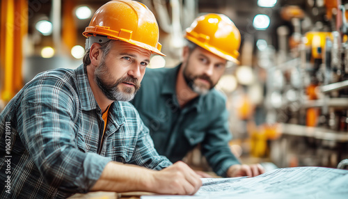 Proyectos de ingeniería y construcción. Ingenieros y equipo de trabajo dentro del sitio de construcción observando el plan del proyecto.