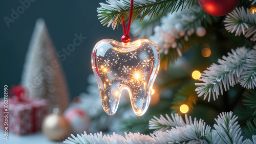 Festive 3D cristal glass toy in the shape of a tooth with a red bow hanging on spruce branches with lights. New Year's tooth decor. Seasonal Christmas stomatology promotions banner photo