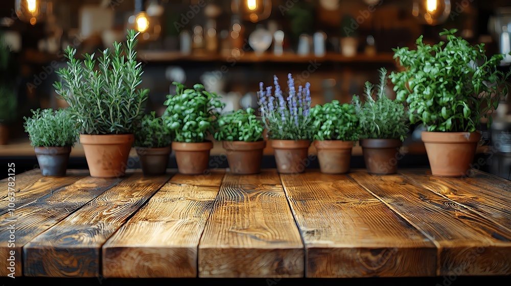 Herbs in pots on rustic wooden table Herbs in pots on rustic wooden table