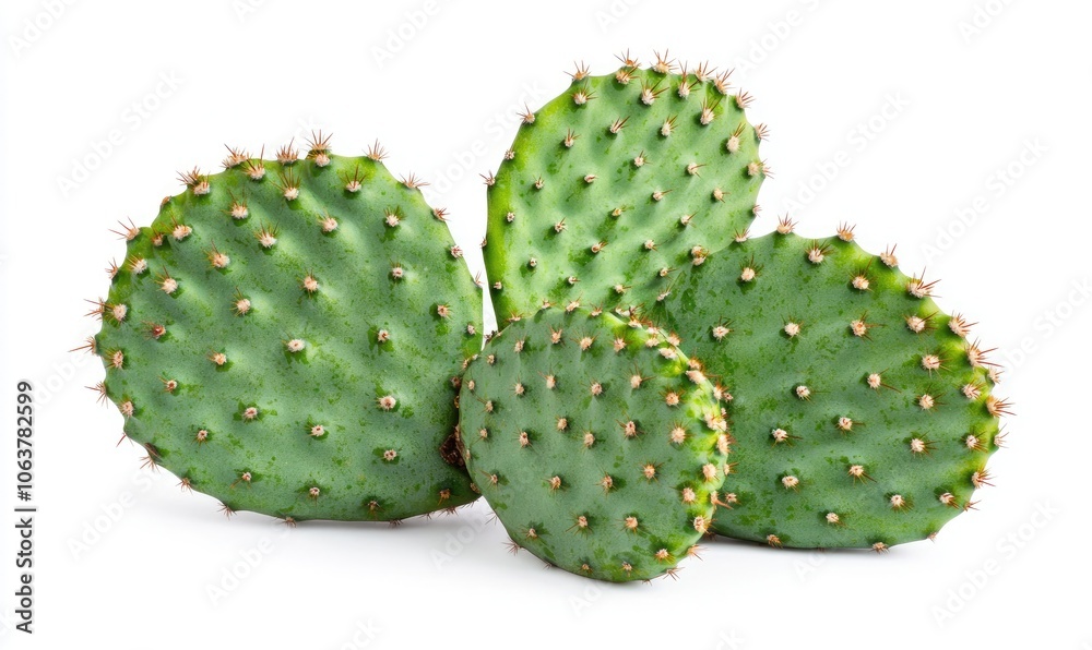 Three vibrant green cactus pads on a white isolated background. Three vibrant green cactus pads on a white isolated background.