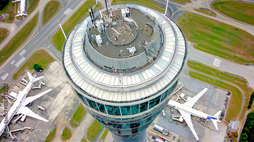 aerial view of Atlanta airport control tower against multiple runways