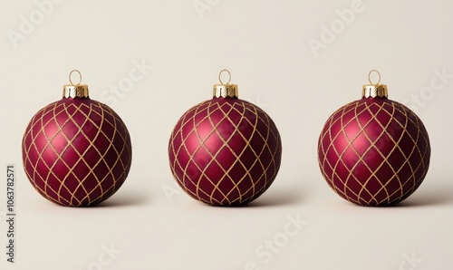 Three decorative red Christmas baubles on a light background, showcasing elegant patterns and festive charm.