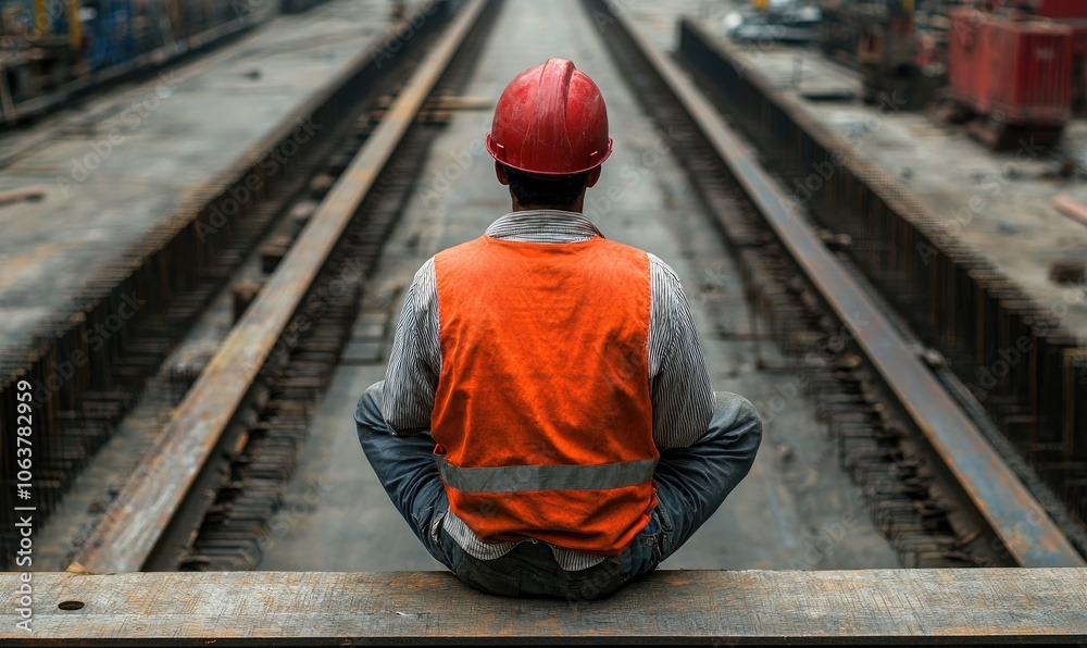 Worker sitting on railway tracks, wearing safety gear, contemplating labor challenges, focus on industrial setting. Worker sitting on railway tracks, wearing safety gear, contemplating labor challenges, focus on industrial setting.