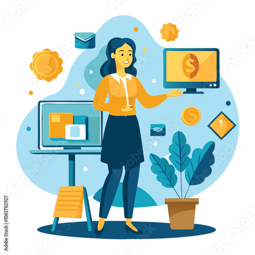 Businesswoman with Financial and Technology Icons