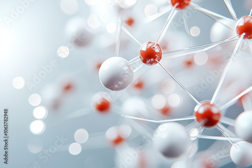 An abstract representation of molecular structures with red and white spheres connected by fine lines, evoking scientific themes and connectivity.