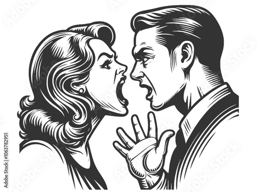 woman angrily yelling at man, depicting heated argument or relationship conflict sketch engraving generative ai fictional character vector illustration. Scratch board imitation. Black and white image
