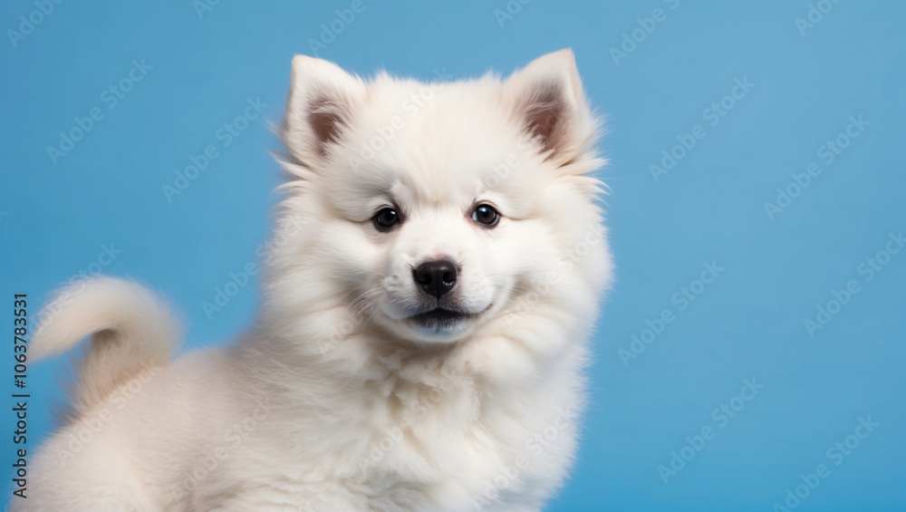 Adorable Samoyed Puppy with Alert Ears Against Blue Sky Adorable Samoyed Puppy with Alert Ears Against Blue Sky