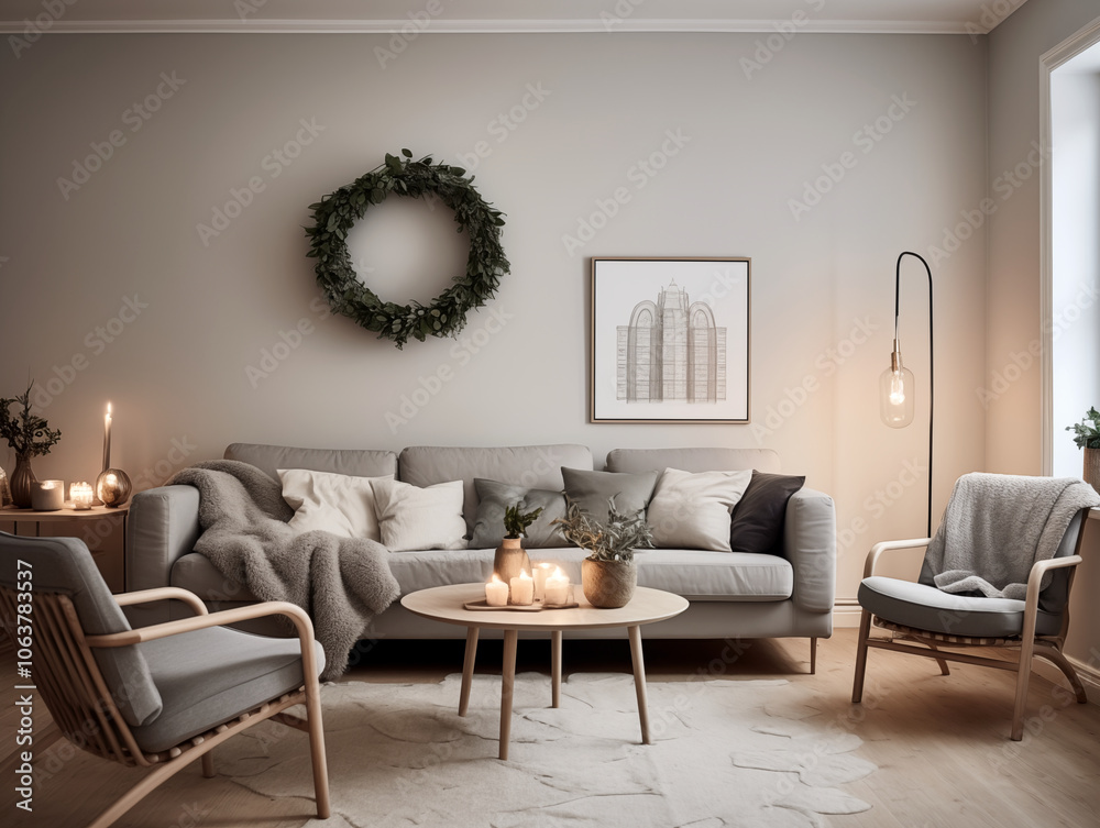 Christmas wreath on the wall in simple minimalist living room in neutral colors. Minimalist festive Christmas decor in interior. Christmas wreath on the wall in simple minimalist living room in neutral colors. Minimalist festive Christmas decor in interior.