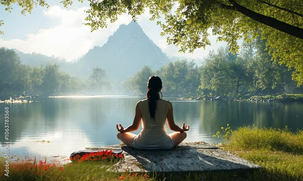 Serene figure meditating by a tranquil lake surrounded by nature.