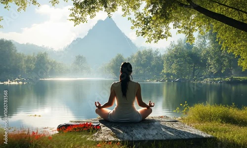 Serene figure meditating by a tranquil lake surrounded by nature.