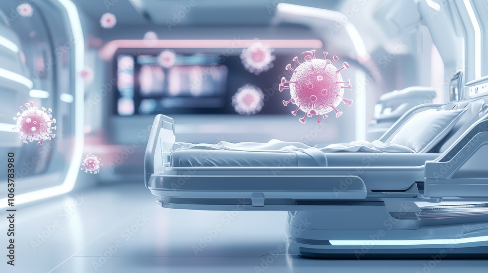 A futuristic hospital room featuring a patient bed with floating viruses visible in the air, representing a high-tech medical environment. A futuristic hospital room featuring a patient bed with floating viruses visible in the air, representing a high-tech medical environment.