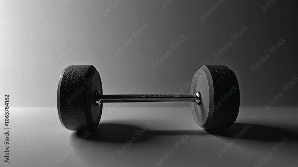 A simple dumbbell lies on a gray surface, illuminated by a soft light A simple dumbbell lies on a gray surface, illuminated by a soft light