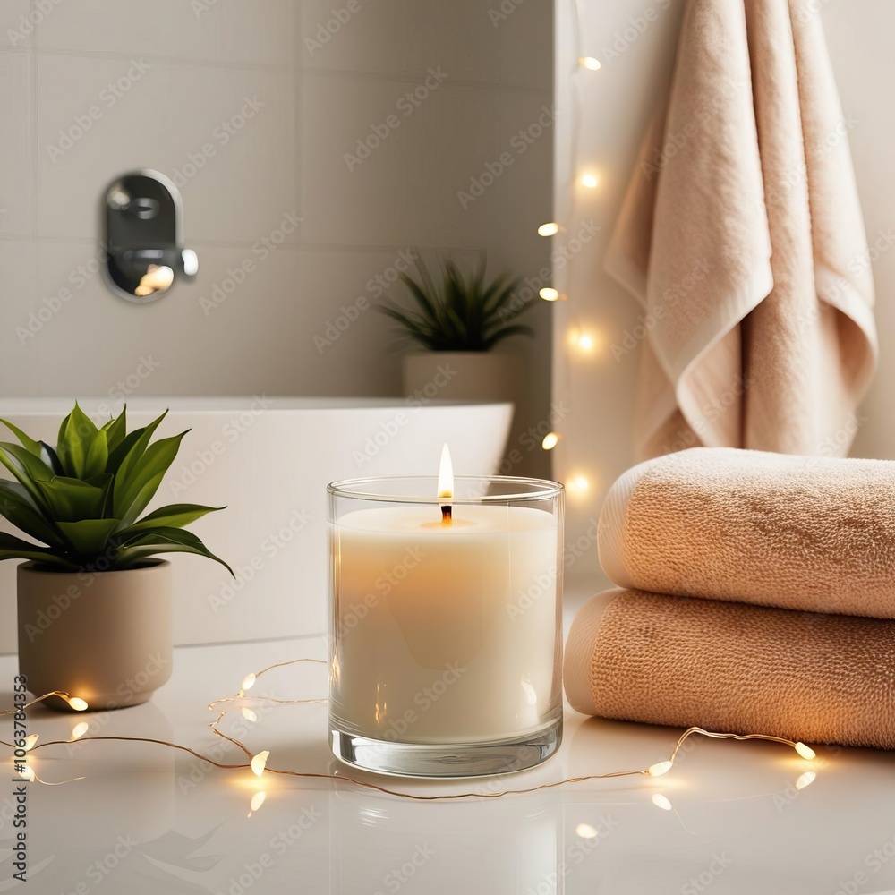 A serene bathroom scene featuring a lit candle, soft towels, and decorative lights, creating a relaxing ambiance. A serene bathroom scene featuring a lit candle, soft towels, and decorative lights, creating a relaxing ambiance.