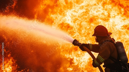 A firefighter in full gear bravely confronts a raging inferno, using a water hose to extinguish the flames. The intense heat and smoke create a dramatic backdrop for this image of courage and dedicati photo