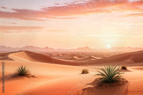 Vintage Aesthetic Desert Landscape Art with Watercolor Sunset and Horizon