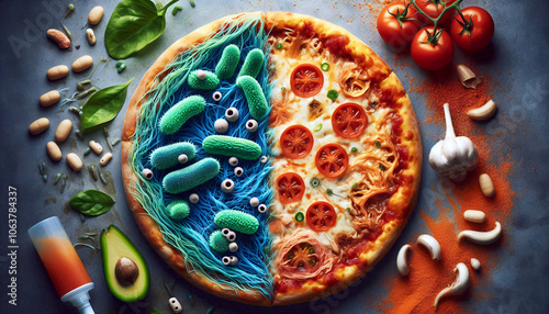 Eine lecker belegte Pizza. Lebensmittel durch den Klimawandel zunehmend bedroht. Krankheitserreger bedrohen die Lebensmittelsicherheit weltweit. Konzept: Hygiene und Gesundheit. photo