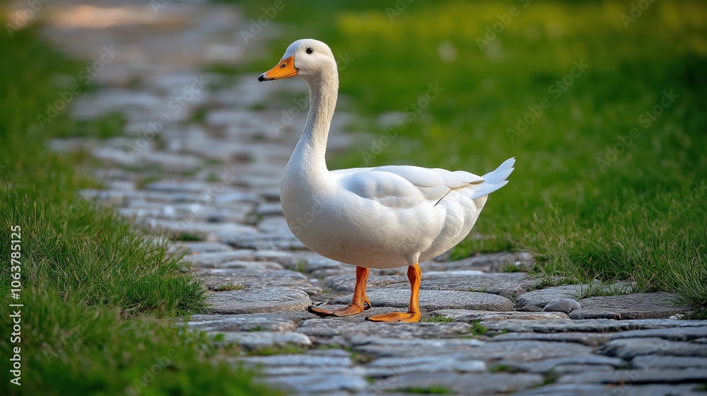 White duck with orange beak standing on a rocky surface White duck with orange beak standing on a rocky surface