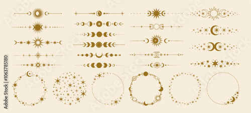 Celestial dividers. Decorative sun and moon border. Magic text decor divider and frame with astrology mystical stars, moon phase, shining sun. Fantasy vector elements