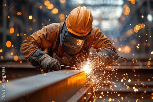 Worker in protective gear welding metal with flying sparks.