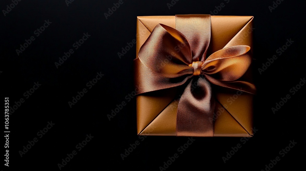 Golden Gift Box with Satin Bow: A luxurious, golden gift box with a satin bow sits against a black background, perfect for adding a touch of elegance to your design projects. Golden Gift Box with Satin Bow: A luxurious, golden gift box with a satin bow sits against a black background, perfect for adding a touch of elegance to your design projects.