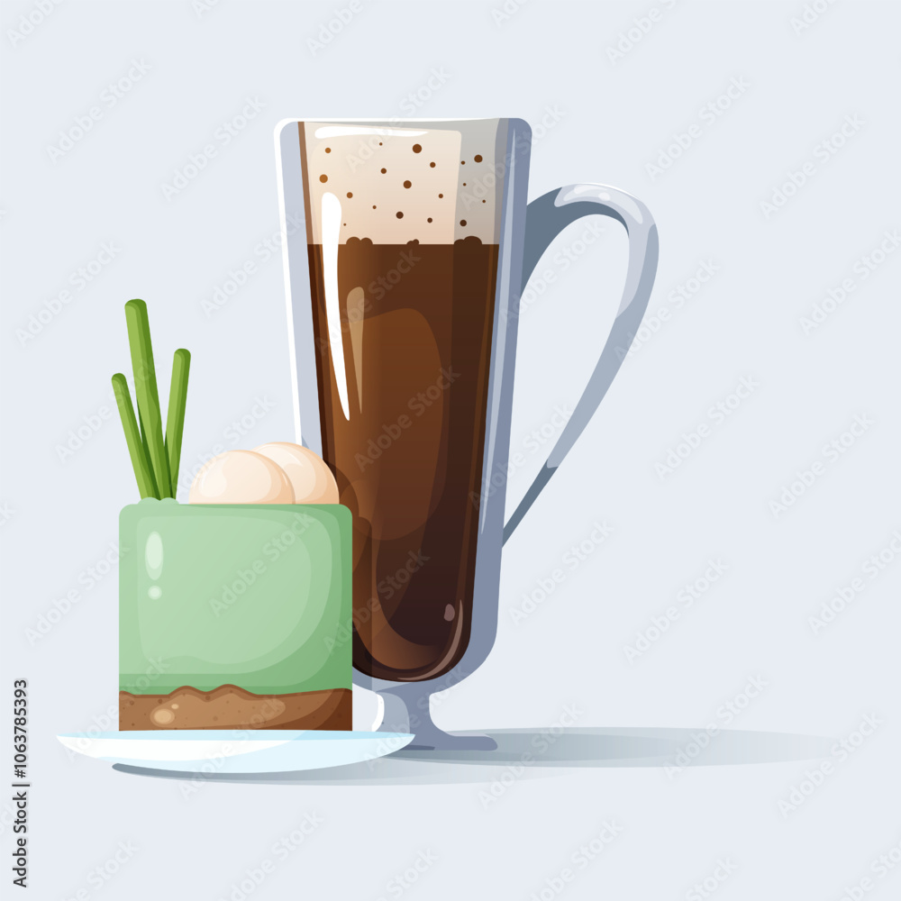 Hot coffee making design in a tall cup with vegetarian dessert. New Year's illustration of dessert with coffee and milk. Glass cup design with handle. Drink and food design Hot coffee making design in a tall cup with vegetarian dessert. New Year's illustration of dessert with coffee and milk. Glass cup design with handle. Drink and food design