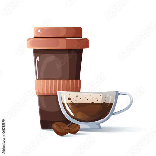 Illustration of brown plastic cup with lid. Coffee cup design with hot coffee poured into it and beans lying nearby. Vector illustration of finished composition. Drink design