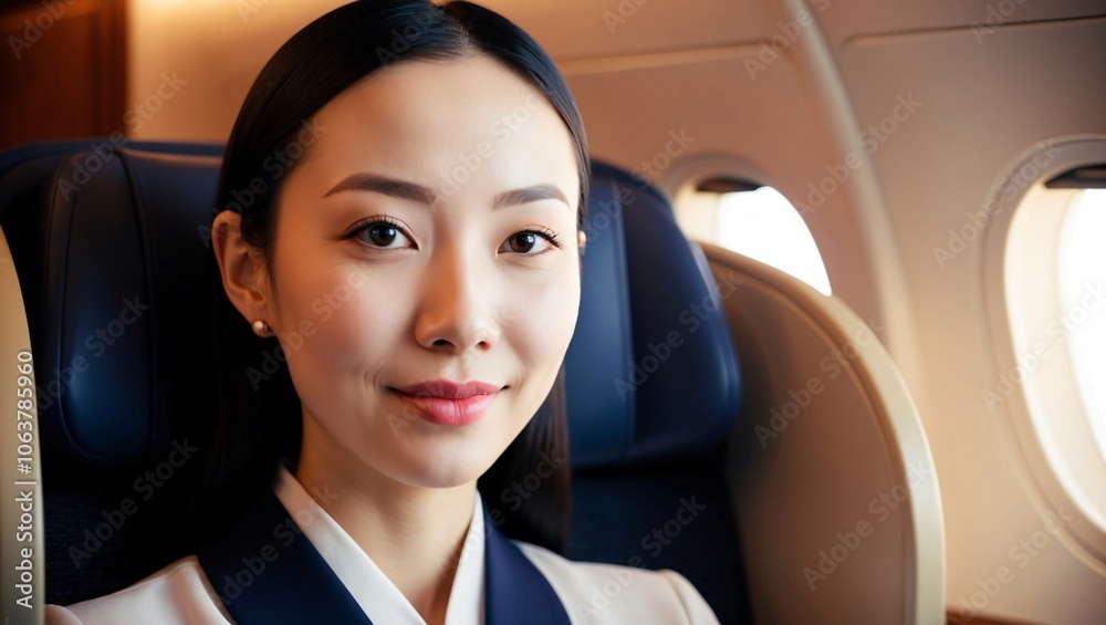 Stylish Korean Woman with a Refined Smile in an Airplane Stylish Korean Woman with a Refined Smile in an Airplane