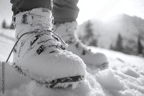 of a skier's boots on a snowy slope. photo