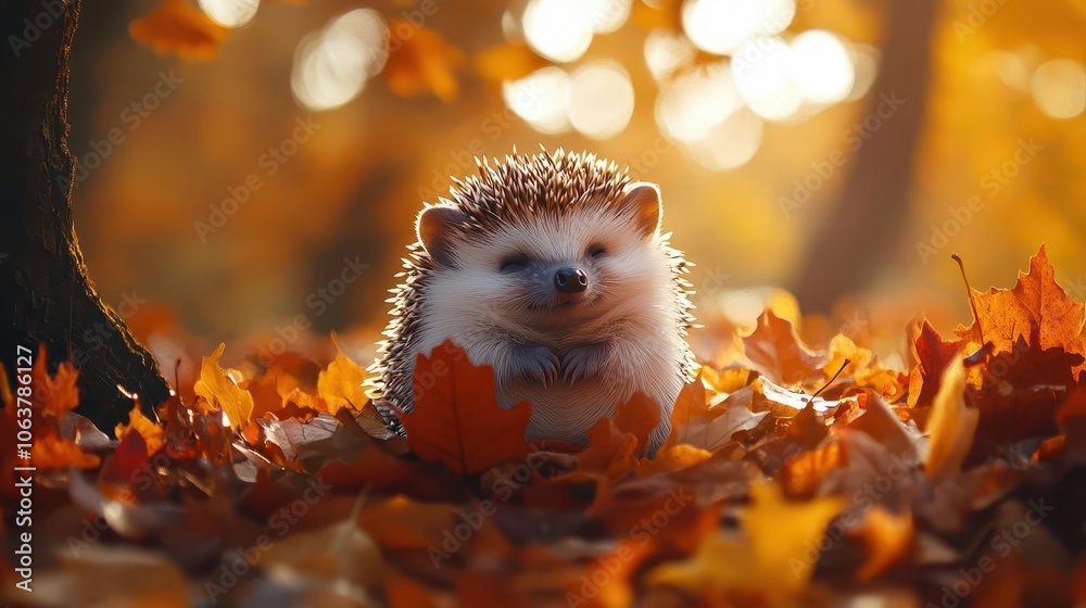 Fototapeta premium shy hedgehog nestled among colorful autumn leaves curling into a protective ball as golden sunlight filters through trees evoking a sense of coziness and safety