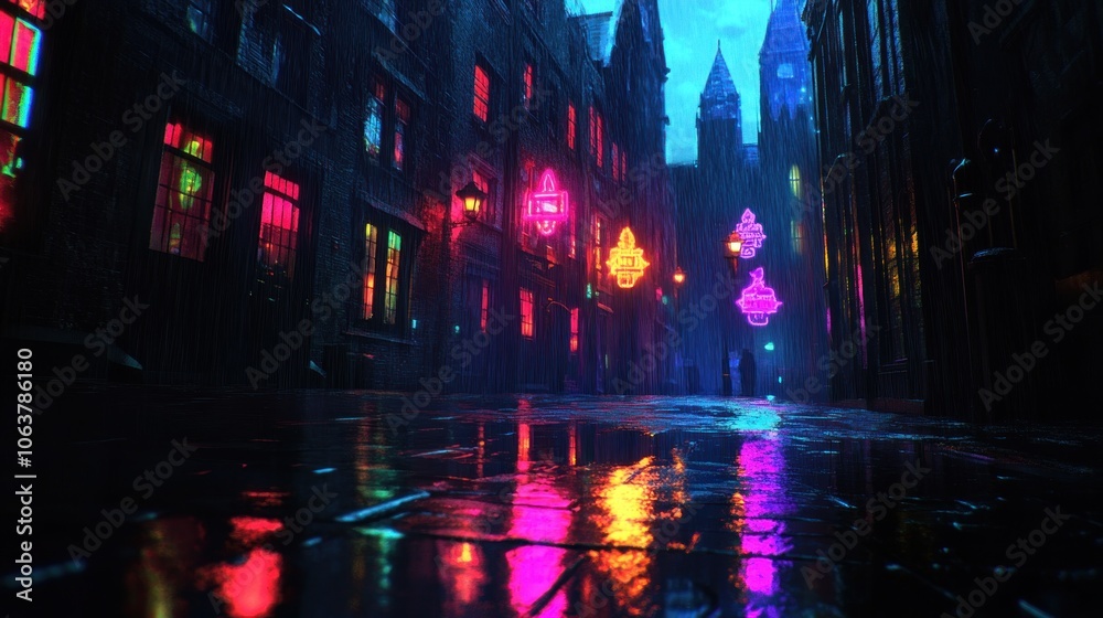 Fototapeta premium A solitary figure walks down a wet, cobblestone street in a city at night. Neon signs and streetlights cast a colorful glow on the buildings and puddles.