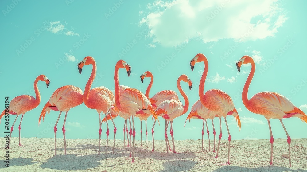 Fototapeta premium Group of flamingos on a sandy beach and bright blue sky