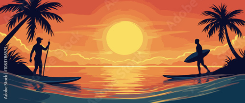 Figures of surfers silhouetted against a tropical sunset. Illustration vector