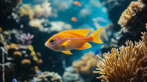 Vibrant orange fish swimming gracefully in a coral reef underwater.