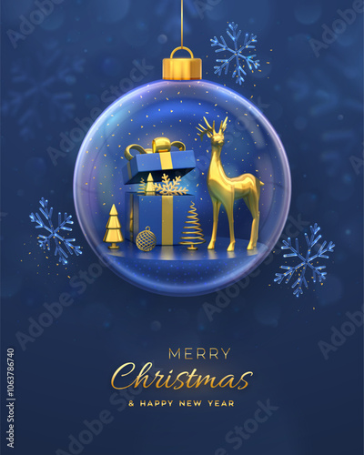 Christmas greeting card. Gift box, reindeer, golden showflake, shining ball, metallic spruce trees inside a glass ball. New Year Xmas background, Holiday poster, banner, flyer. 3D Vector illustration. photo