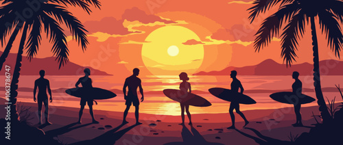 Figures of surfers silhouetted against a tropical sunset. Illustration vector