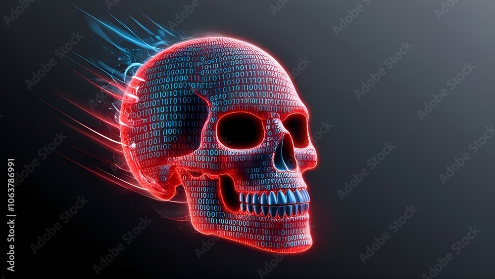 Cybersecurity hacking danger digital skull composed of binary code in red and blue on a black background
Cybersecurity hacking danger digital skull composed of binary code in red and blue on a black background