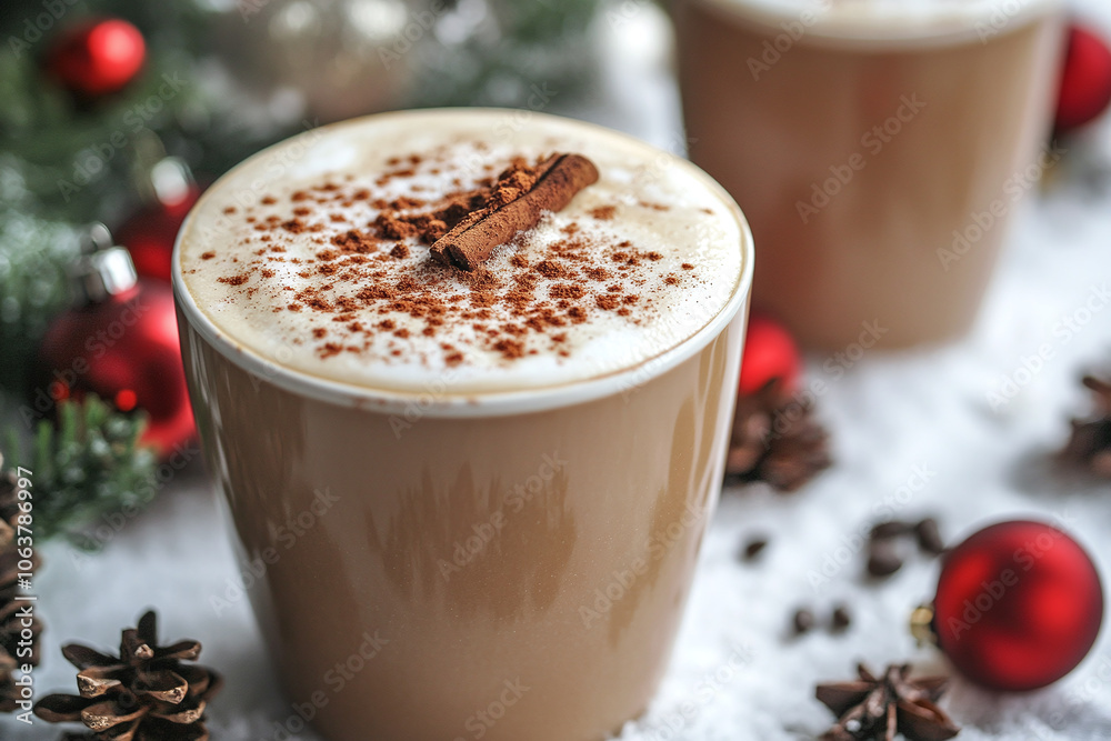 of frothy cappuccino topped with cinnamon in a holiday cup. of frothy cappuccino topped with cinnamon in a holiday cup.
