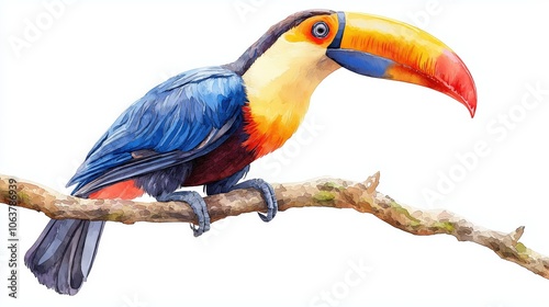 Illustration of a colorful toucan perched on a branch on a white background photo