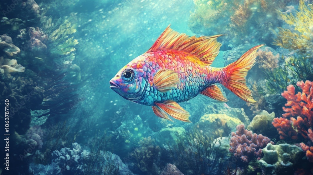 Fototapeta premium A vibrant goldfish swimming gracefully amidst colorful coral reefs.