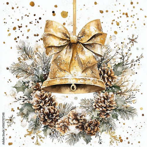 Watercolor Christmas bell with gold bow and pine decorations.