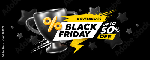 Vector black friday sale illustration with trophy cup and logo with 50% off. 3d style sale business promotion design of black friday label of discount day and winner cup on dark background