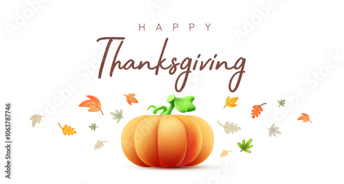 Vector autumn illustration of orange color cartoon pumpkin and leaves on white background with happy thanksgiving word. 3d style holiday design of thanksgiving day pumpkin and leaf pattern