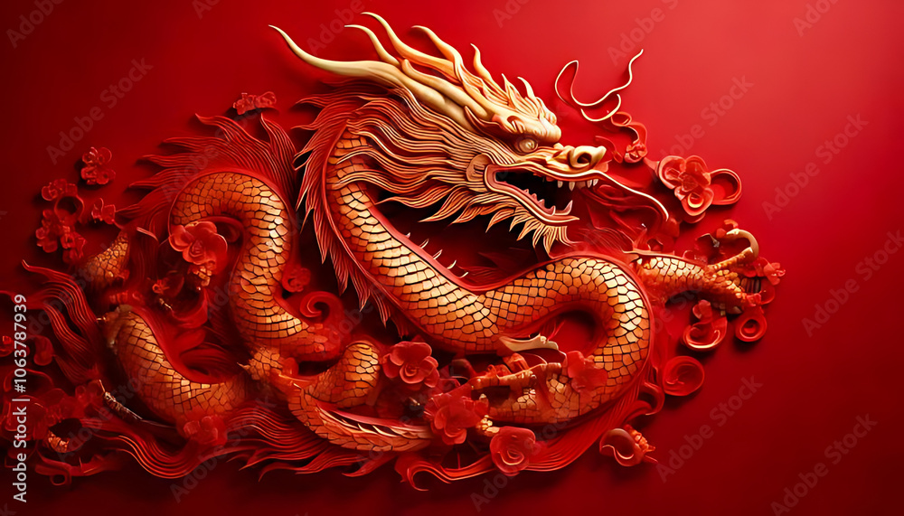 Obraz premium bold red background showcases majestic dragon sculpture intricate details impressive craftsmanship wall