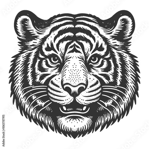 Friendly happy smiling tiger face sketch engraving generative ai vector illustration. Scratch board imitation. Black and white image.
