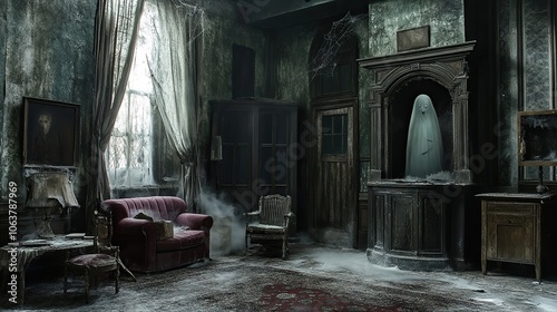 A room inside a haunted house, filled with old, dusty furniture, cobwebs, and a ghostly figure in the corner.