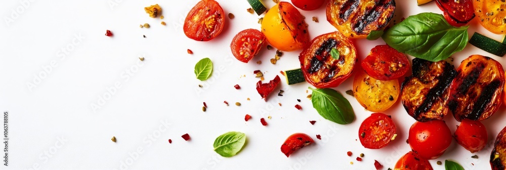 Grilled vegetables, including tomatoes, zucchini, and yellow squash, are scattered on a white background with fresh basil leaves and spices. This image is perfect for representing healthy eating, summ